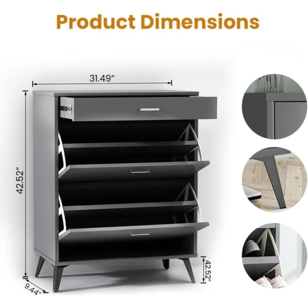 Shoe Storage Cabinet for Entryway, Free Standing Shoe Organizer with 2 Flip Drawers,Hidden Shoe Rack Storage Organizer 2