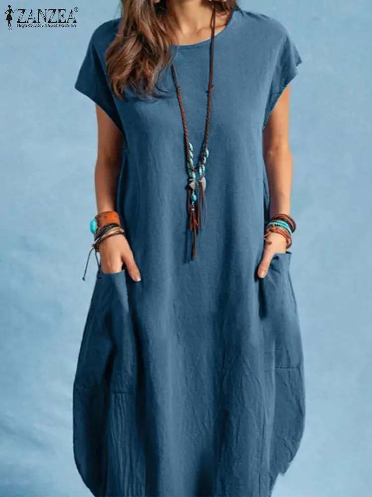 

ZANZEA Women Vintage Short Sleeve Solid Knee-length Sundress Summer Cotton Dress Casual Loose Vestidos Beach Dresses Oversized