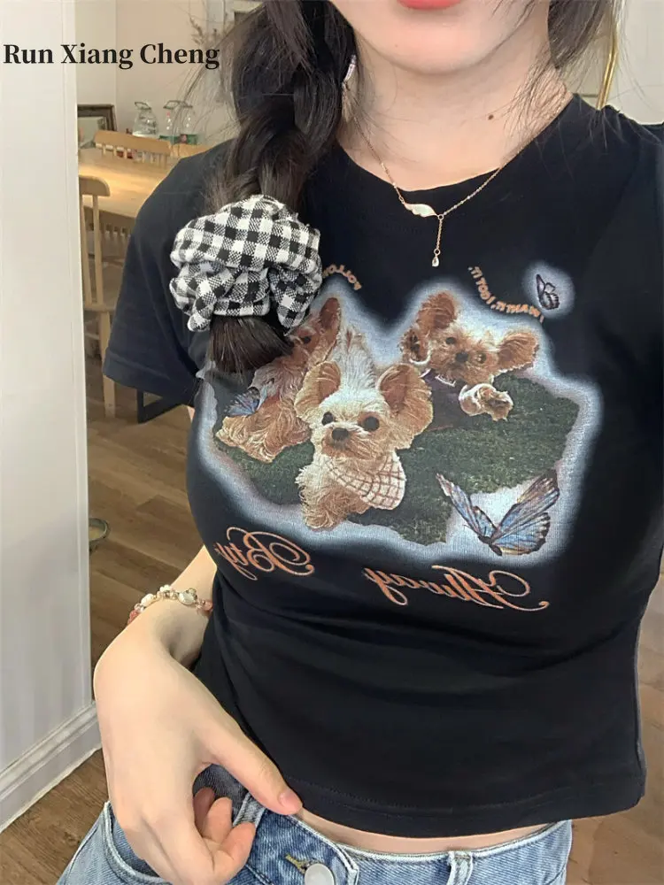 

Women's T-shirt Summer 2023 Y2k Korean Fashion Streetwear Cotton Tight Printed Black Corset Short Sleeve Vintage Short Crop Top