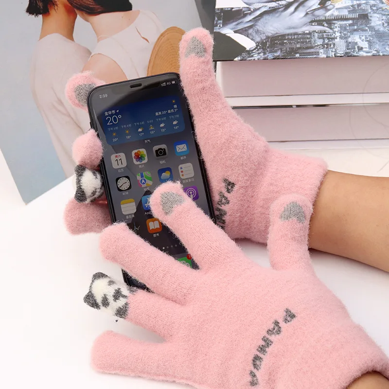 Child Gloves Aldult Kawai Cold Protection New Winter Plush Gloves Stretch Knit Touch Screen Thicken Fleece Riding