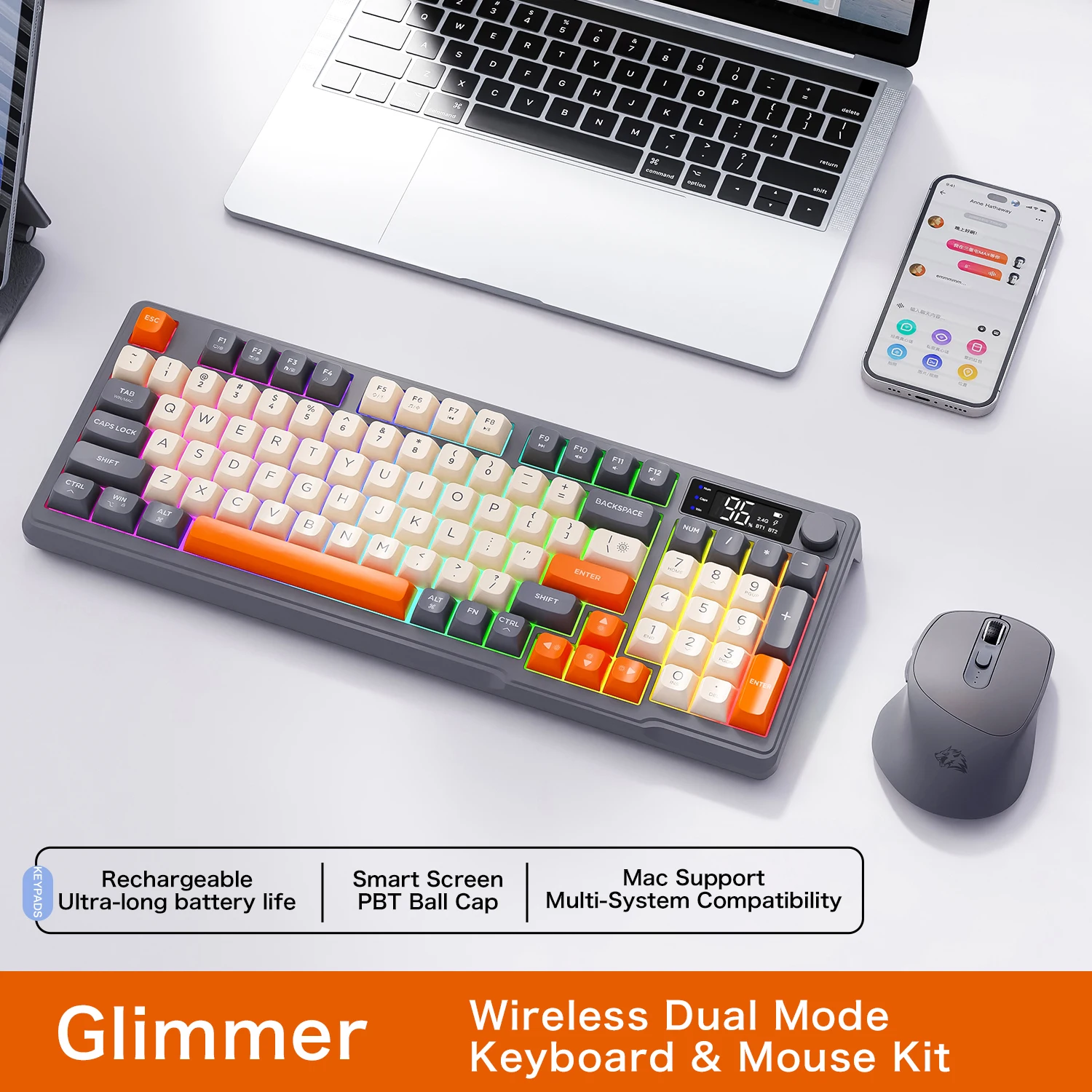 Wireless Keyboard and Mouse Kit with Electronic Screen and Multi-Device Connectivity