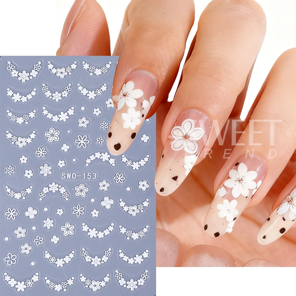 2pcs White Little Flower Nail Stickers Hollow French Petals Floral Textured Self-Adhesive Decals Elegant Wedding Manicure Decor
