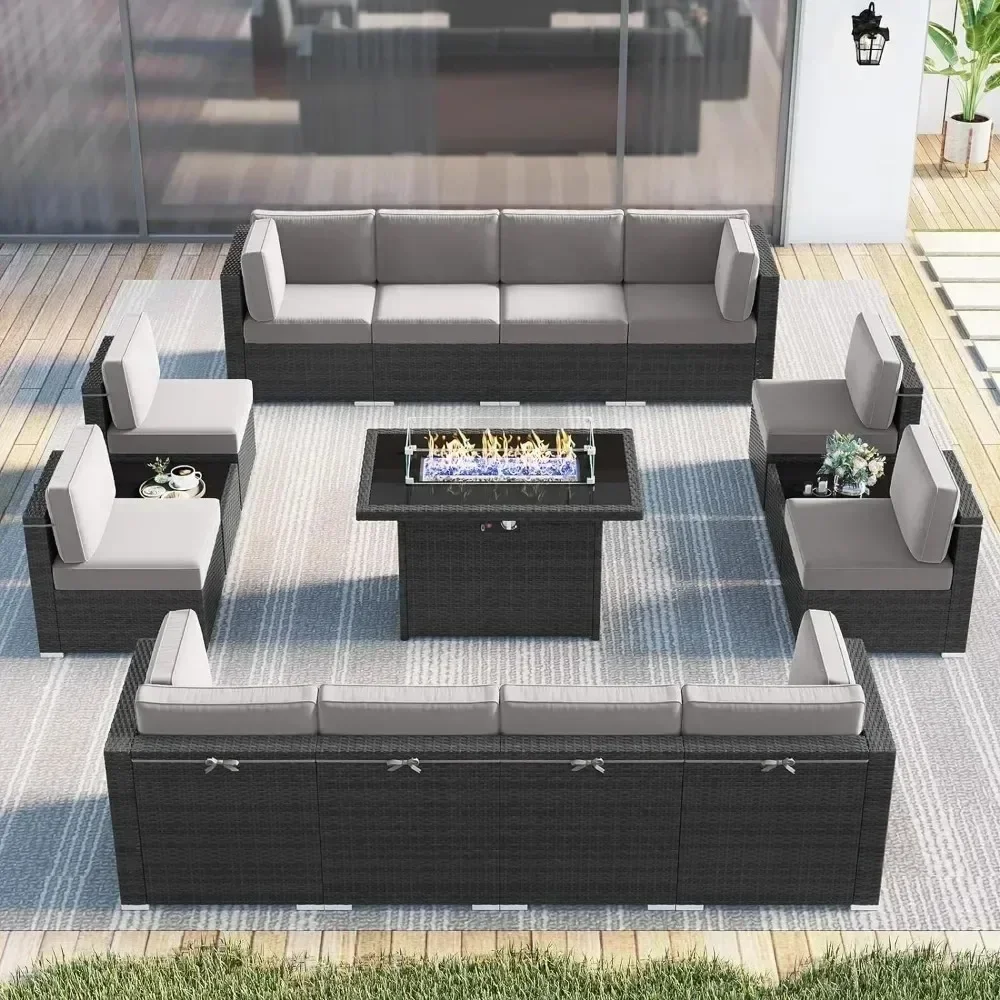 15 Piece Patio Furniture Set ,with Fire Pit Table, Outdoor Conversation Set Wicker Rattan Sectional  with Coffee Table 6