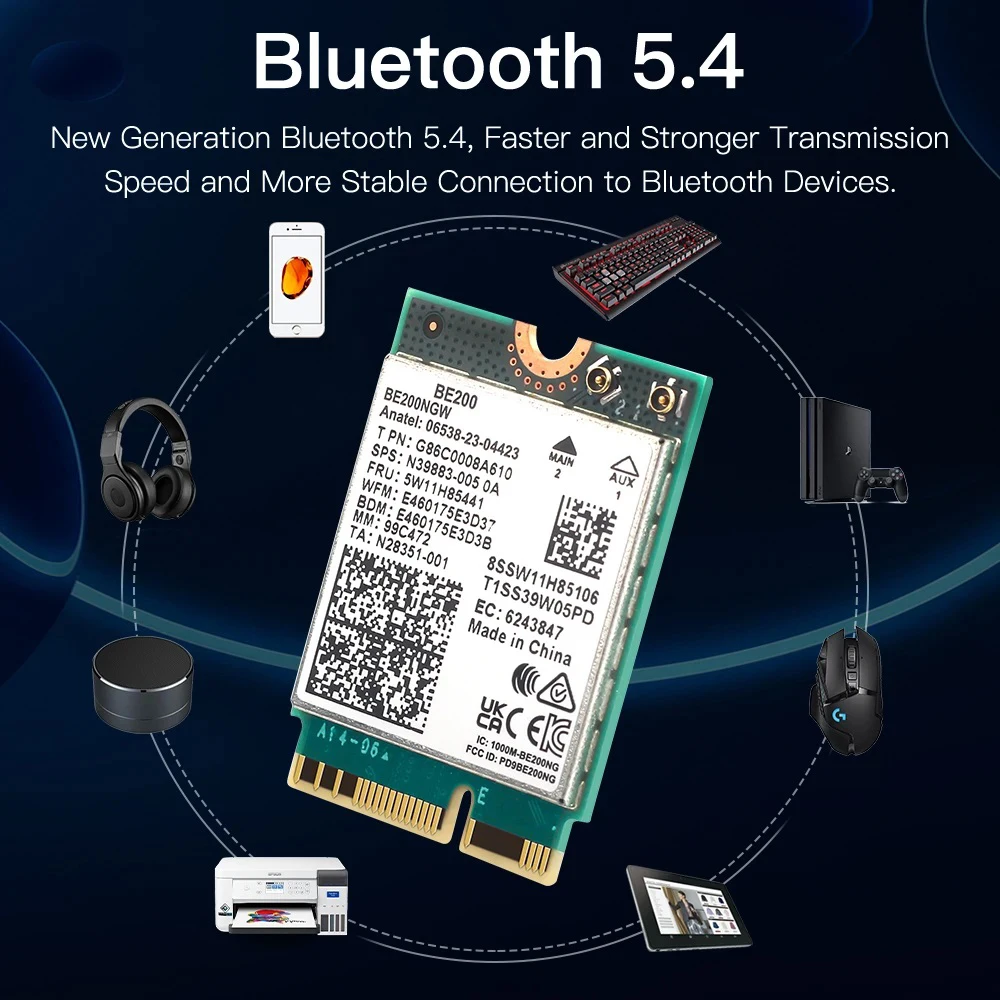 Scheda WiFi 7 BE200NGW Con Bluetooth 5.4, M.2/NGFF, Velocità Fino A 5800Mbps, Supporta Windows 11/10 E Linux (non AMD), Perfetta Per Router E AP