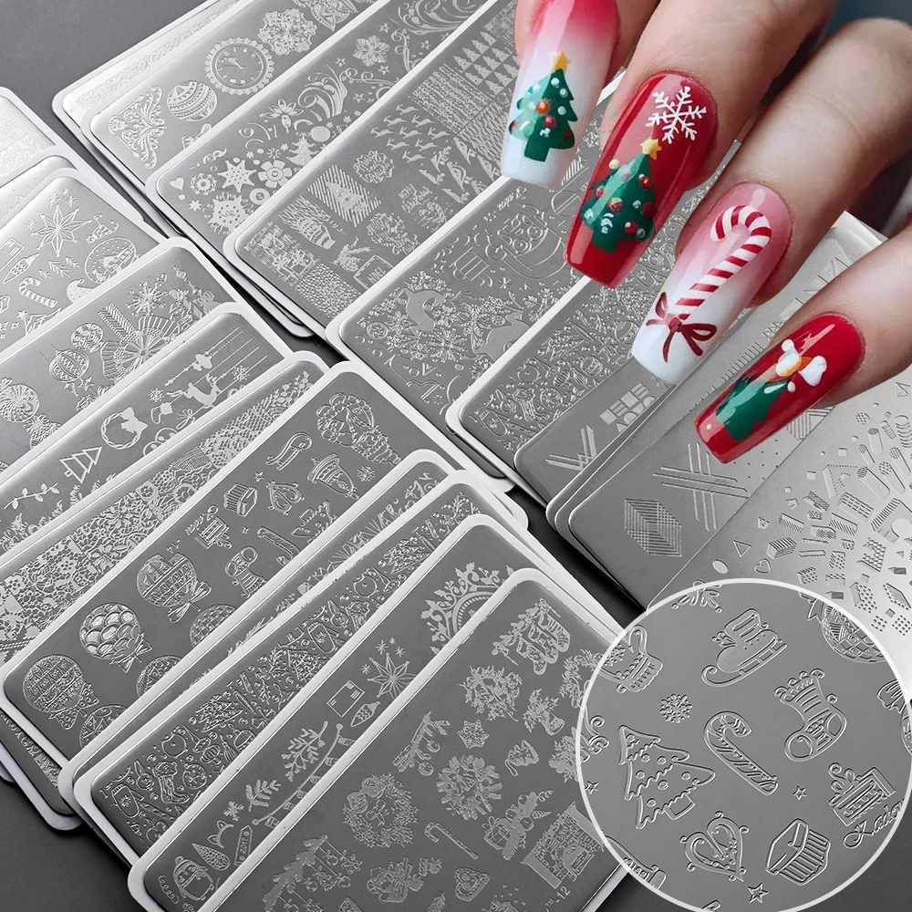 1pc 12x6cm 레이스 프렌치 라인 플라워 네일 아트 스탬핑 플레이트 크리스마스 산타 클로스 인쇄 템플릿 네일 스텐실 매니큐어 도구