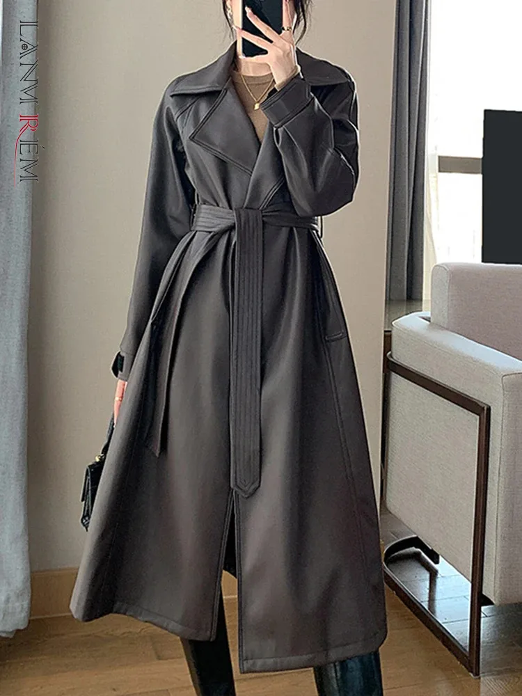 lanmrem-streetwear-pu-leather-long-coat-women-lapel-belt-gathered-waist-solid-color-clothing-fashion-2024-spring-new-2aa4521