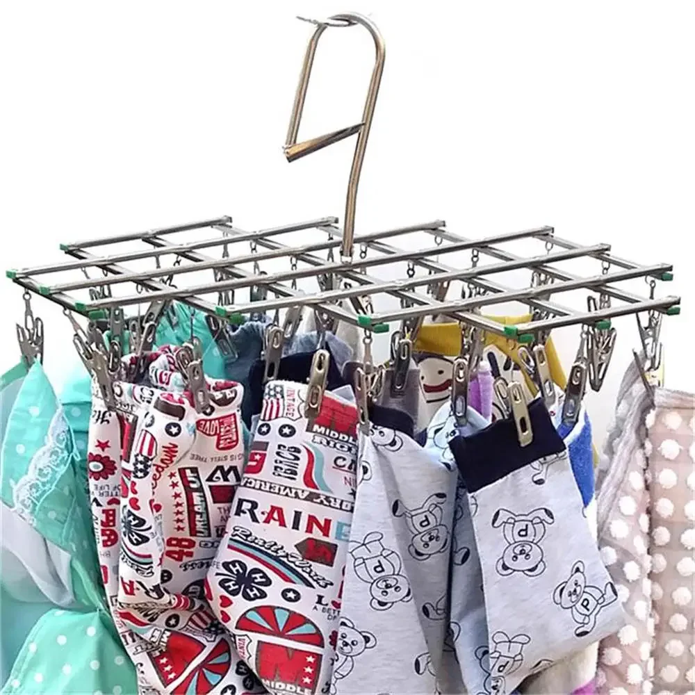 Folding Drying Rack with 35/20 Clips Stainless Steel Windproof Underwear Socks Clip Swivel Hook Hanger Space Saving Drying Rack