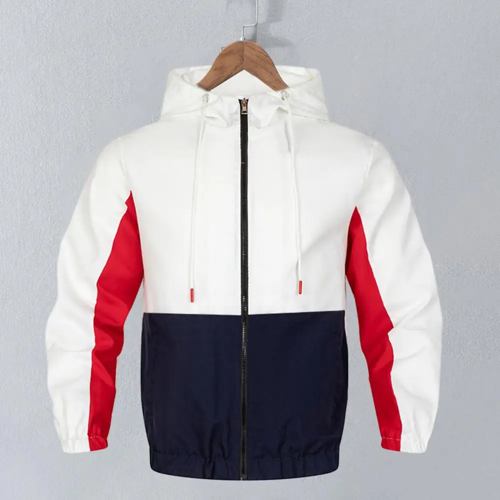 

Men Jackets Patchwork Color Hooded Drawstring Hooded Coat Long Sleeve Pockets Design Zipper Placket Outwear Streetwear