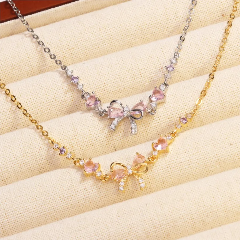 Gorgeous Pink Cubic Zirconia Bowknot Pendant Necklace for Women Fashion Elegant Choker Neck Chain Party Jewelry Gifts