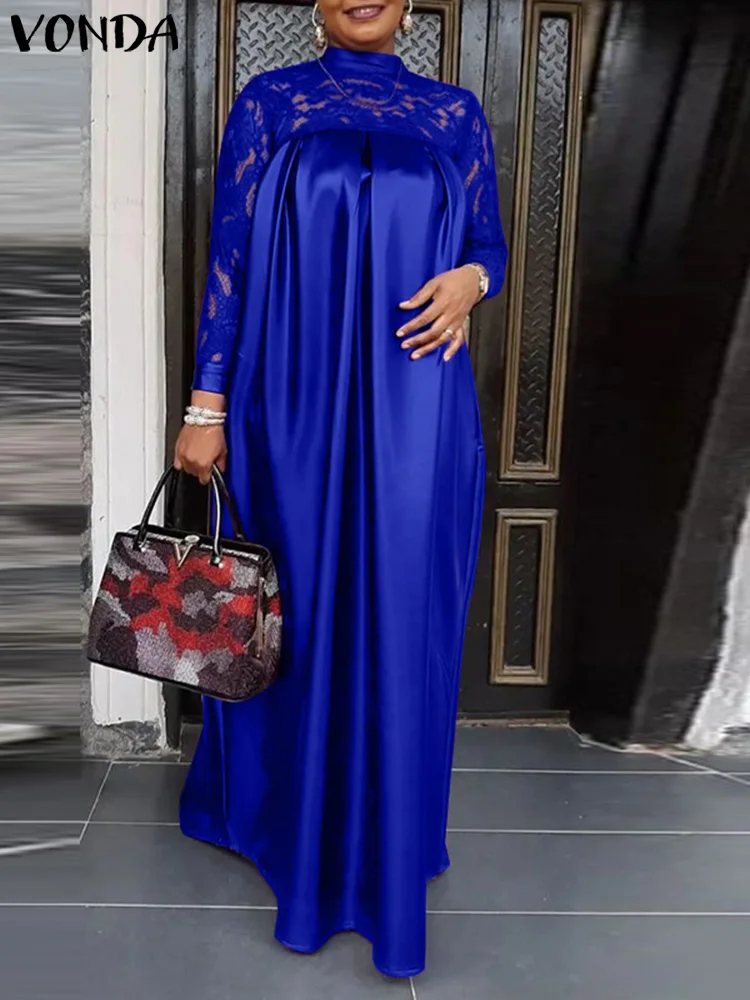

Женское атласное платье-макси VONDA, Элегантное повседневное длинное платье составного кроя с длинным рукавом и воротником-стойкой, в богемном стиле, лето 2024