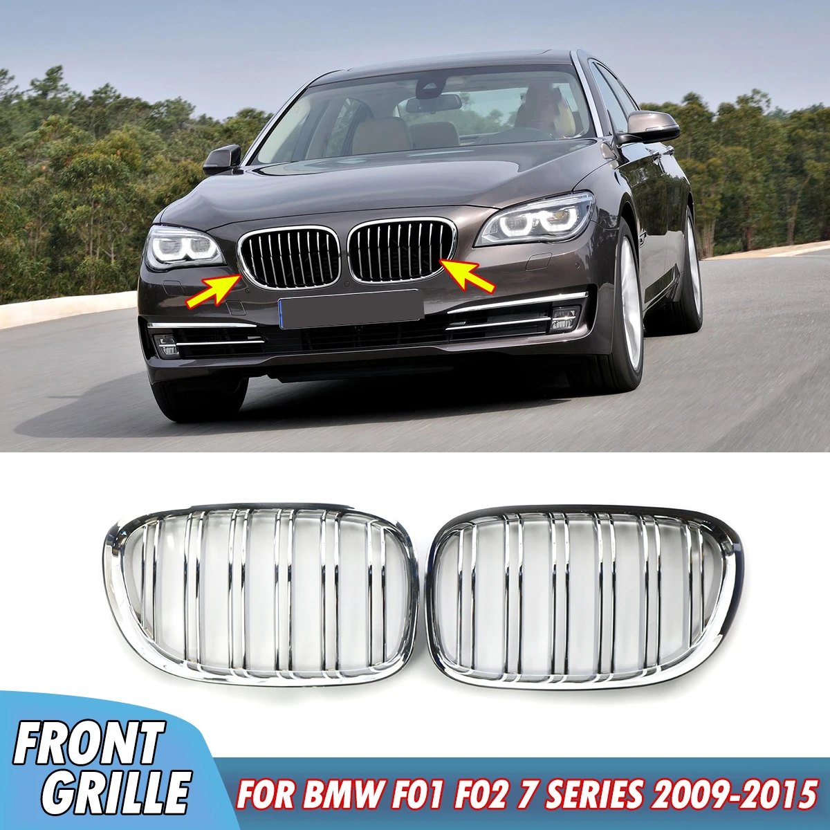

1Pair Car Front Grille Double/Dual Slats Plating M Look Racing Grills For BMW F01 F02 7-SERIES 730d 740i 750i 2009-2015 Car Part