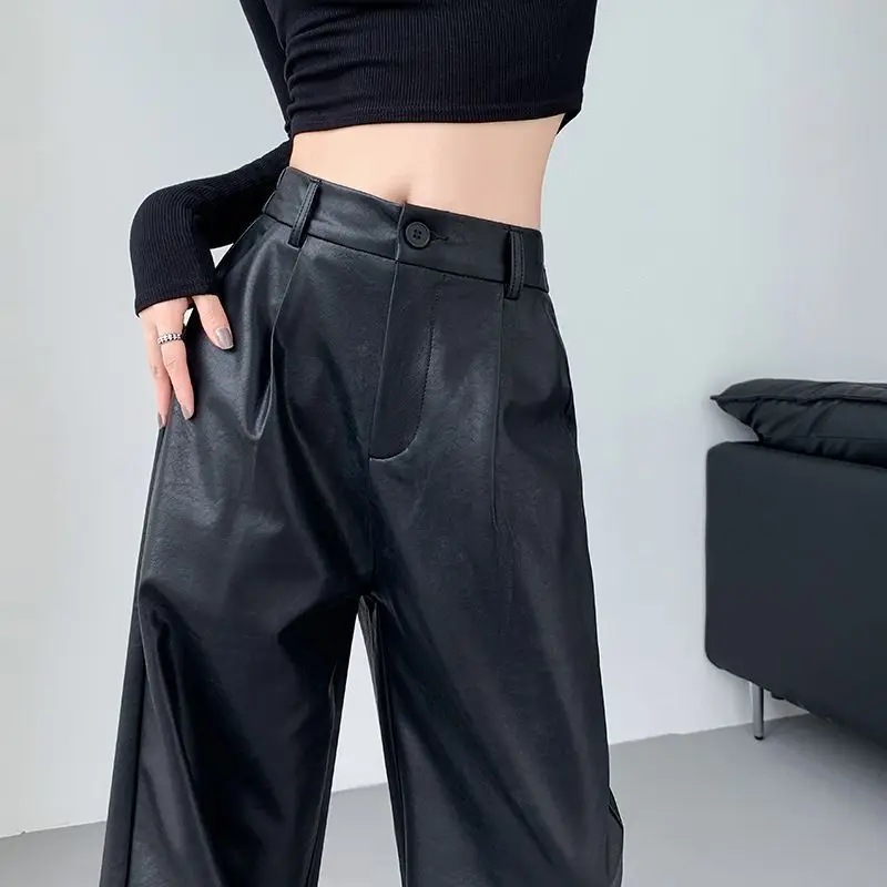 Women's Autumn Winter Korean New High Waist PU Leather Pants Fashion Windproof Warm Button Zipper Loose Versatile Wide Leg Pants