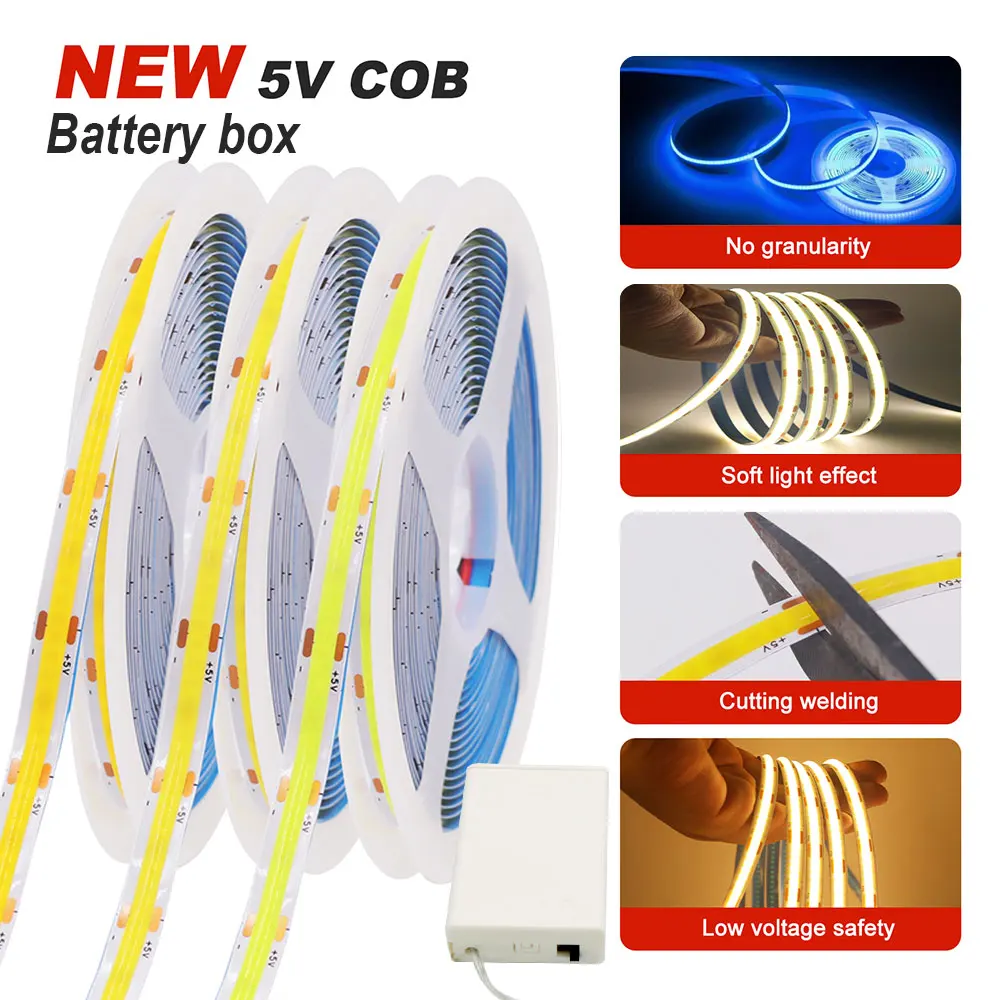3AA 배터리로 구동되는 COB LED 라이트 스트립 유연한 리본 다이오드 테이프 8MM 고밀도 선형 조명 침실 캐비닛 TV용
