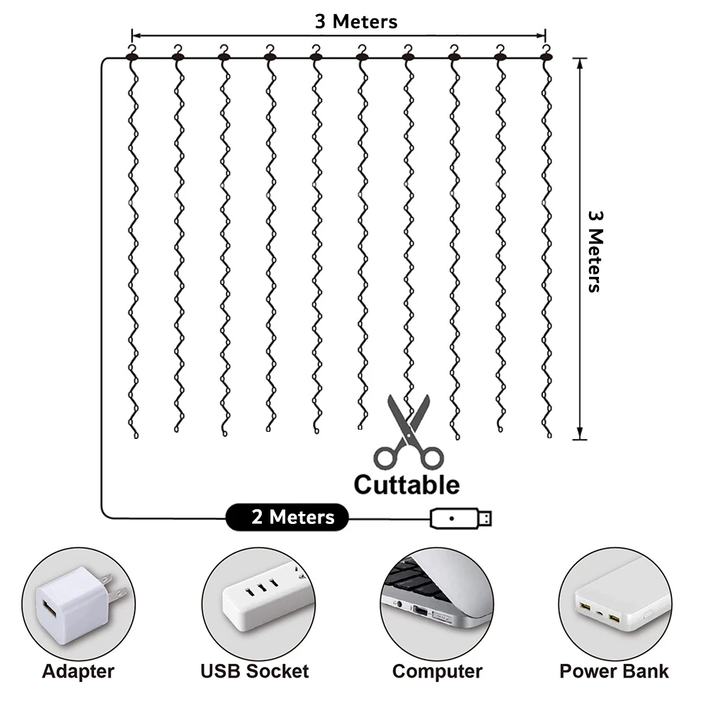 침실용 USB 커튼 라이트, 3M x 3M, 300LED, 따뜻한 흰색, 원격 8 가지 모드, 걸이식 창문, 홈 장 요정 조명