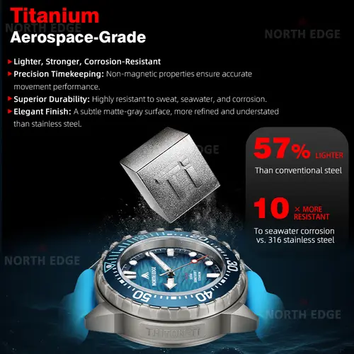 NORTH EDGE TRITON-TI Titanium Stainless Solar-Powered Diving Watch Luxury Quartz Watches For Men 300M Waterproof 180+ Day Power - Image 3