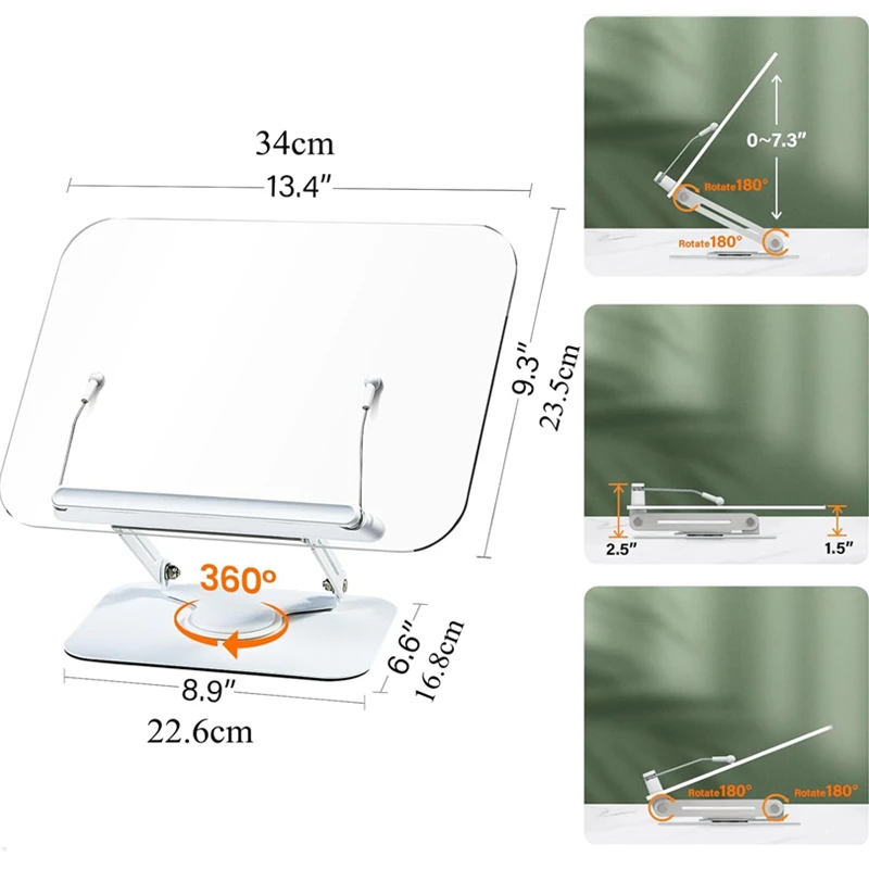 Acrylic Book Stand for Reading, Adjustable Book Holder with 360° Rotating Base &