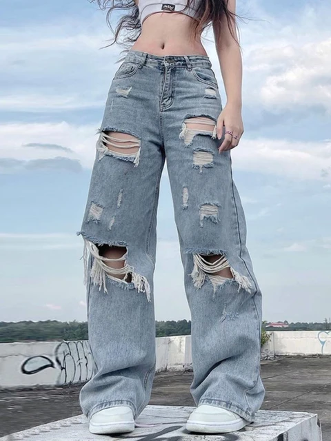 Womens Ripped Jeans Streetwear Straight Pants Mid Waist Loose Wide Leg  Pants Jeans Y2K Summer Plus Size High Street Jean - AliExpress