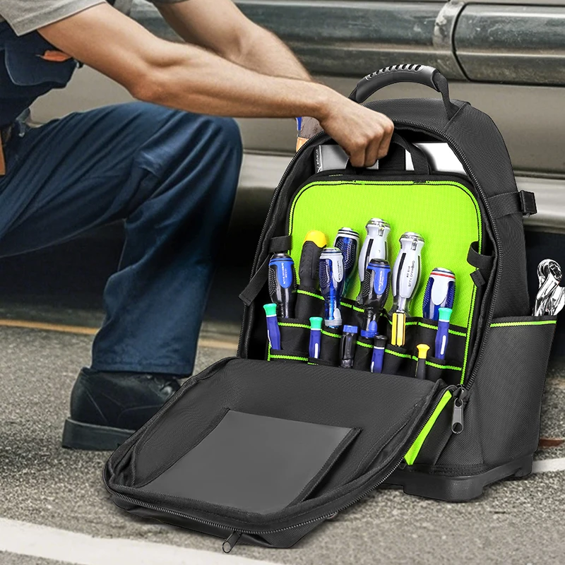 Tool Backpack, Heavy-Duty Tool Bag with Padded Shoulder, Waist Straps, Water-Resistant Construction HL051 3