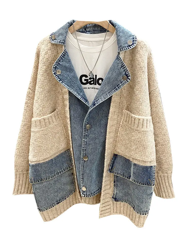 Women's 2023 Autumn/Winter Korean Edition Vintage Personalized Patchwork Denim Coat Lazy Knitted Sweater Cardigan Fashion Jacket
