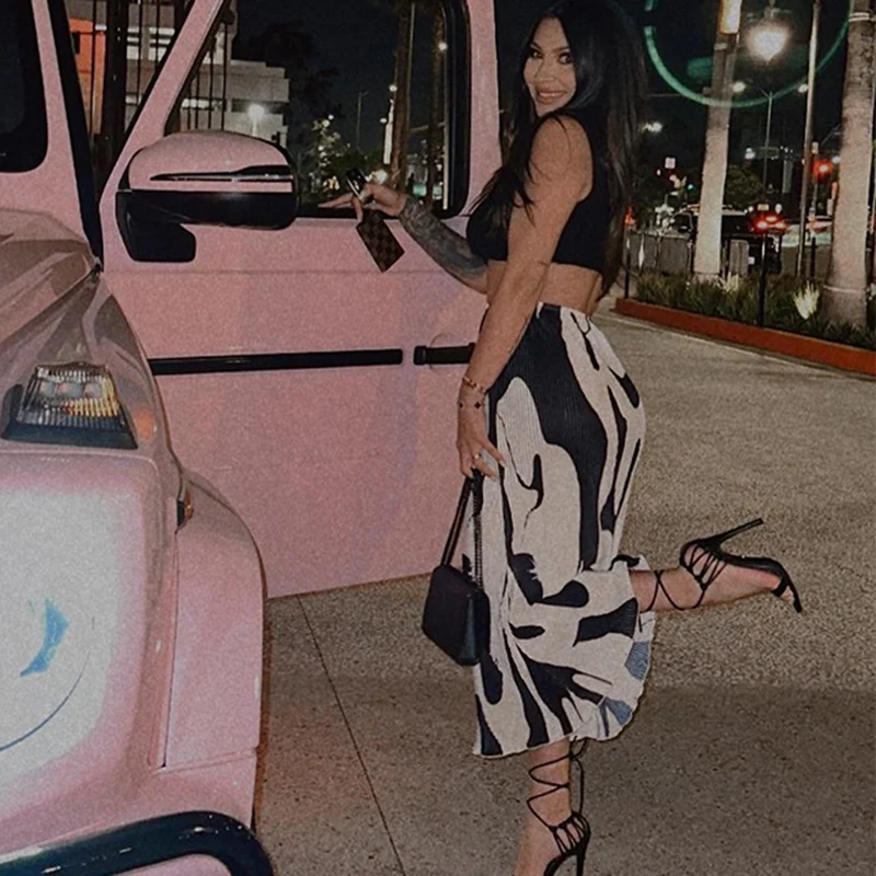 Women Trumpet Pleated Skirts 2024 Printed Mid-Calf long Elegant Sexy Skirts Elastic Waist pleated bodycon skirts for female