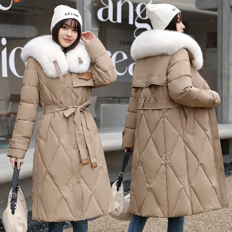 White Fur Collar Down Cotton Parkas Padded Coat Women Winter 2023 New Fashion Long Over The Knee Waist Warm Thick Parkas Coat new winter coat women retro elegant cashmere wool coat women long thick warm woolen coat fashion windbreaker woman parkas