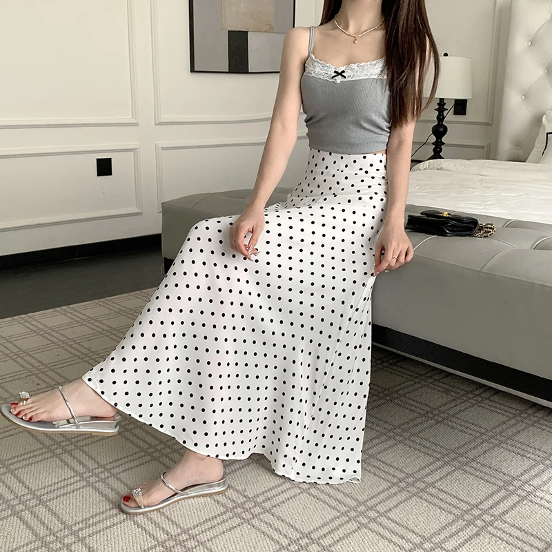 Black White Polka Dot Chiffon Long Skirts For Women Spring