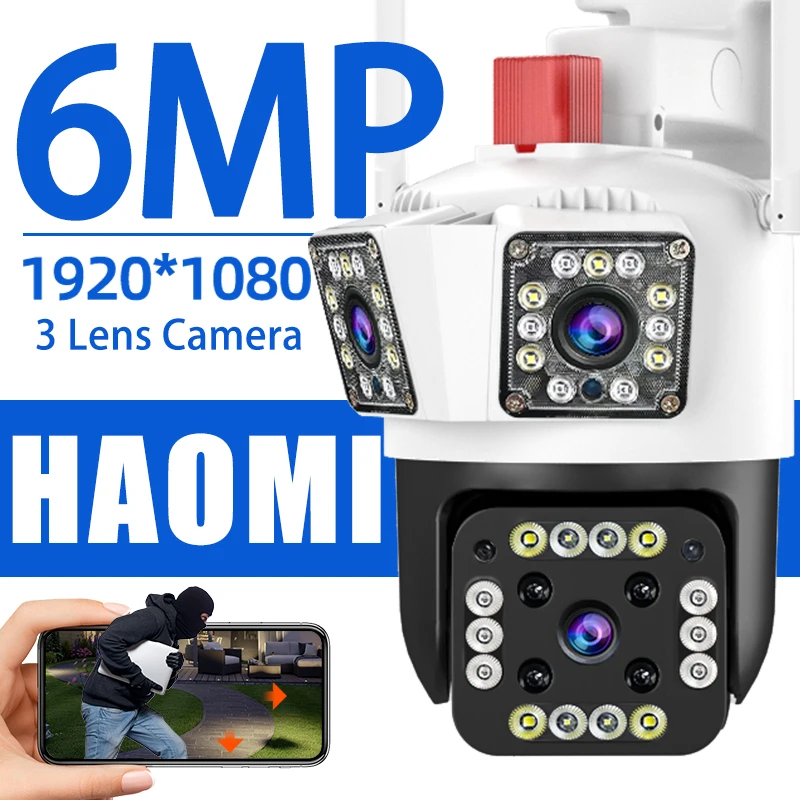 

6MP HD WIFI Camera IP Outdoor Three Lens Three Screen Camera Auto Tracking Motion Detection PTZ Waterproof Security Cameras