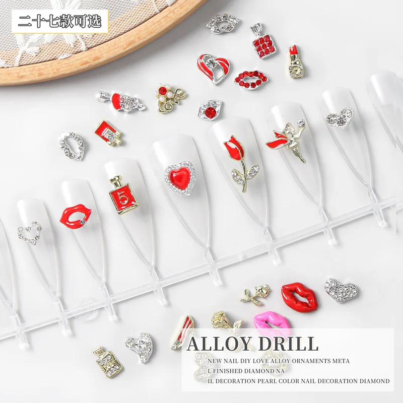 

10pcs Nail Charms 520 Tanabata Valentine's Day Heart Lips Lipstick Rose High Heels Alloy Nail Art Decorations Design Stones