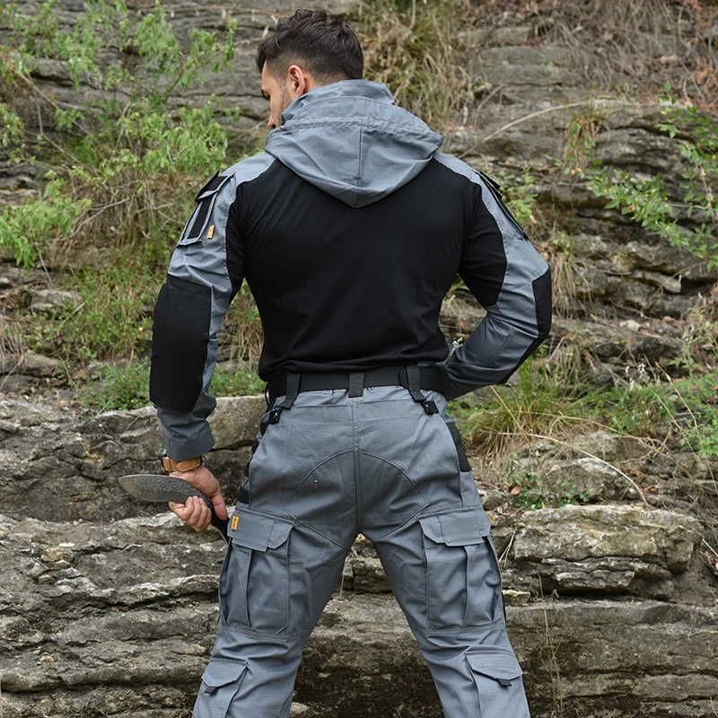 HAN WILD Tactical Suits with Pads Uniform Hooded Shirt and Pants Wear Resistant Shooting Training Combat Sport Hiking Shirts Men