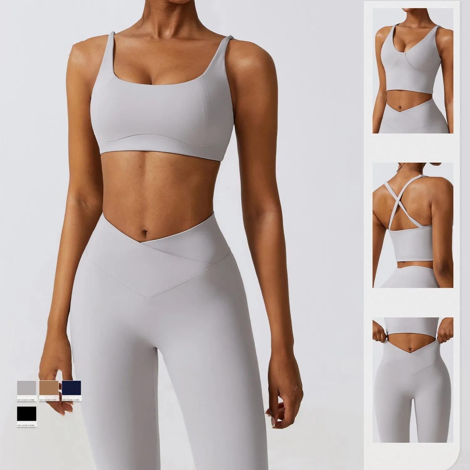 

Women's Crossover Wide Straps V-lock Waist Square Neckline Yoga Set Gym Quick-drying Breathable Stretch Running Sportswear
