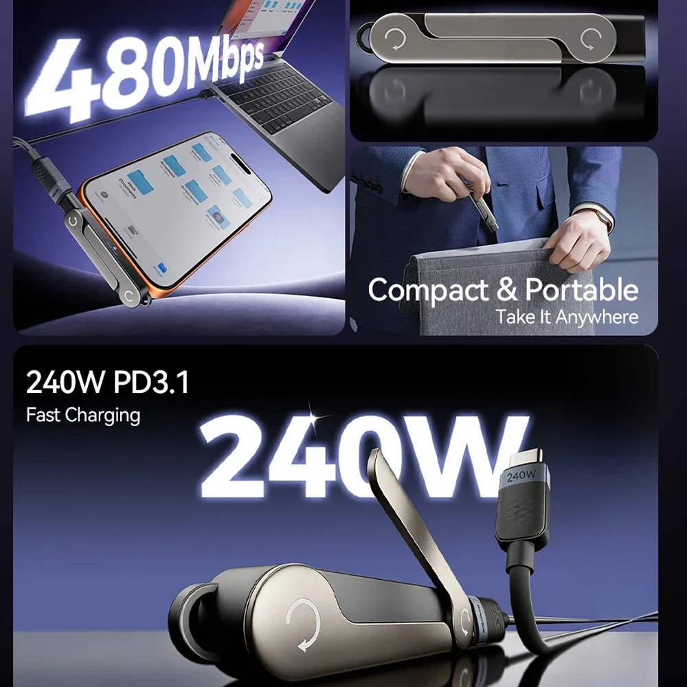 รูปสินค้า สายชาร์จ USB Type-C แบบแบน พร้อมขาตั้งพับได้ ชาร์จเร็ว 240W