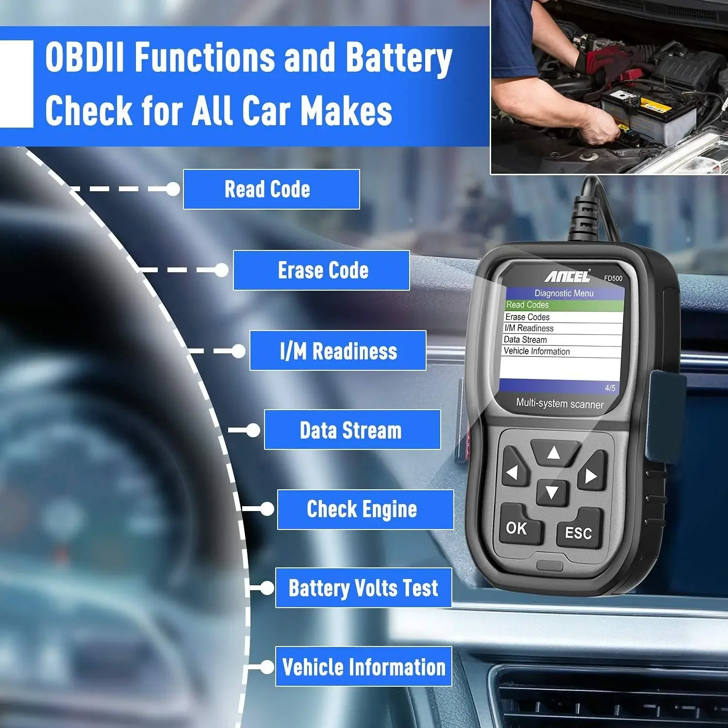 ANCEL FD500 OBD2 Scanner for Ford Lincoln Mercury All Systems Code Reader with Engine ABS SRS Transmission 4WD Diagnostics Scan 5