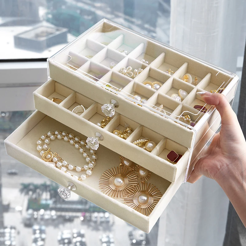Jewelry Storage Box Multi Layer Earrings Ring Necklace Acrylic Transparent Dustproof Beige Gray Velvet Drawer Organizing Boxes