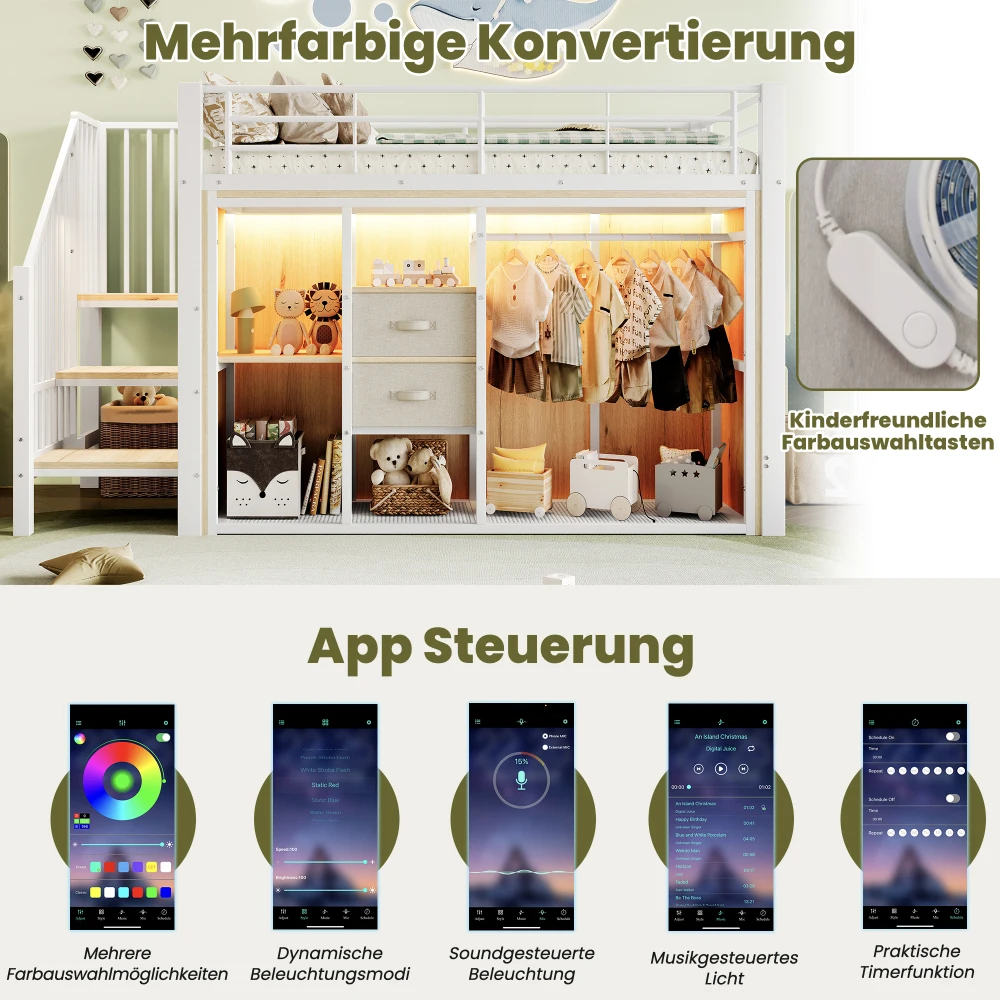 90 * 200 cm großes Etagenbett, mit 2 Schubladen und offenem Kleiderschrank, mehrfarbige LED-Beleuchtung, mehrere Ablagefächer (ohne Matratze) – Detail 27