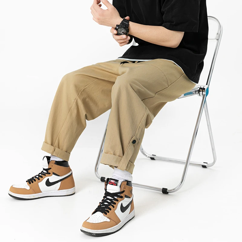 Men's clothing  Casual Sport Pants 100% Cotton Loose Foot Button Design Streetwear Fashion Man Cargo Pants New Spring Autumn