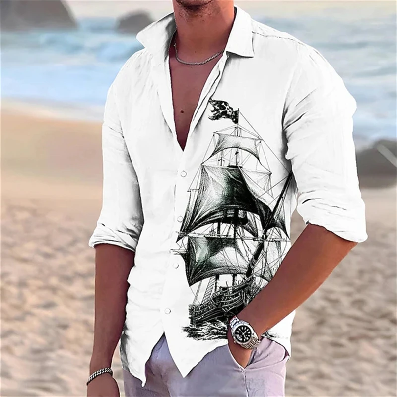 Stylish Shirt Casual Pirate Ship Solid color sailing Comfortable soft streets outdoor simple men's top lapel long sleeve large s