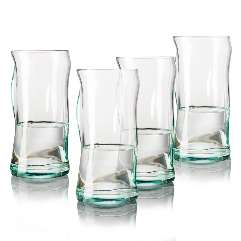2PCS Green Wavy Glass Beverage Drinking Tumblers Colored Glass Home Coffee Juice Water Cup ,Clear/Turquoise Gradient,12-14oz