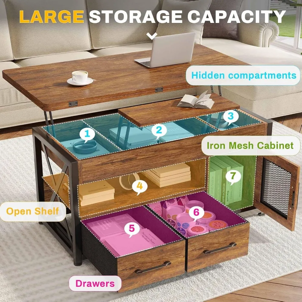 4 in 1 Coffee Tables with Storage Cabinet for Living Room, Small Farmhouse Coffee Table with 2 Fabric Drawers & LED Light 3