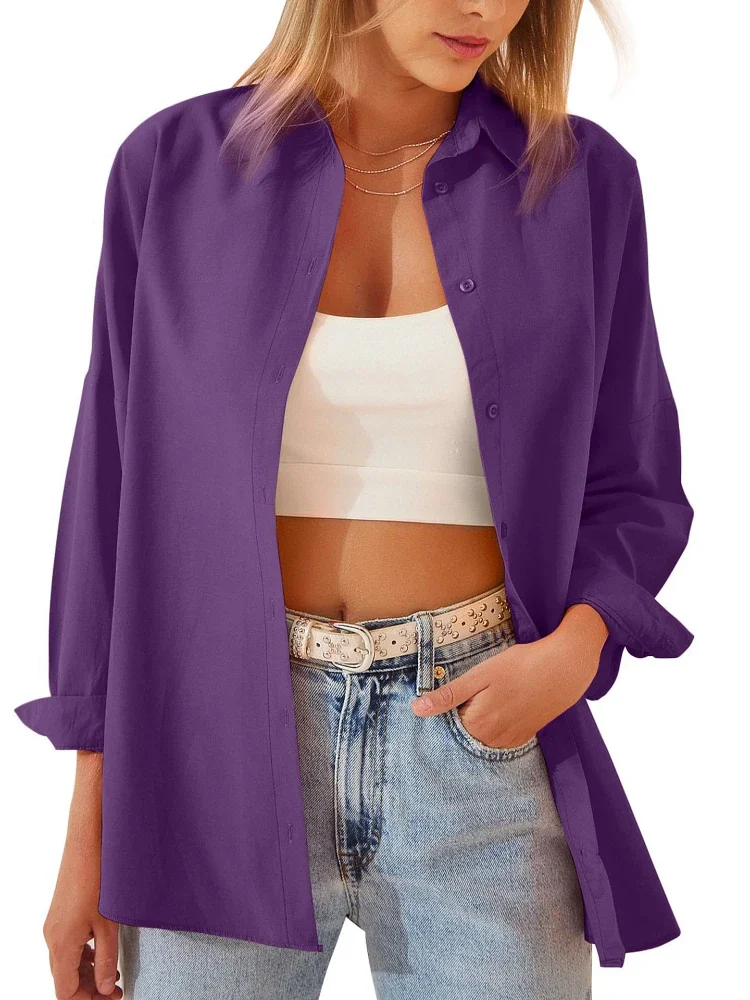 

Женская свободная рубашка на пуговицах, повседневная однотонная белая блузка карамельных цветов с длинным рукавом, топ размера 2XL на осень, 2023