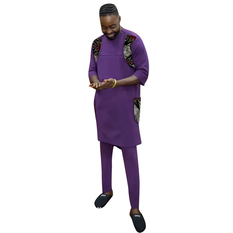 

African Clothes Purple Men's Sets Patchwork Tops With Solid Color Pant Nigerian Fashion Male Tailor Made Wedding Garments