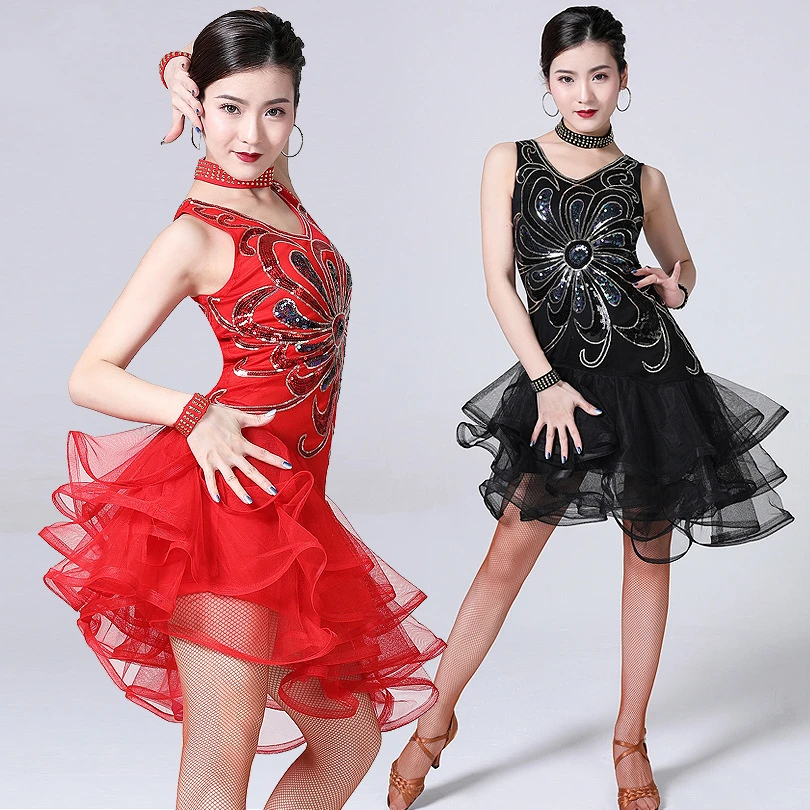 

Womens latin dance dress stage costume mesh dance dress