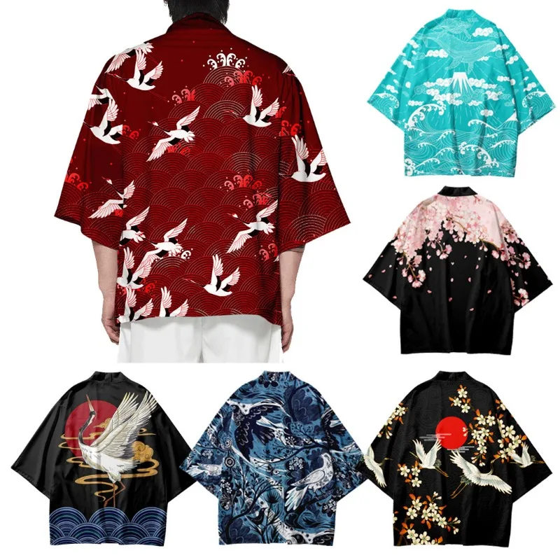 

Summer New Elements Crane 3D Printed Seven-point Shirt Road Robe Cardigan Loose Men's Feather Woven Cape