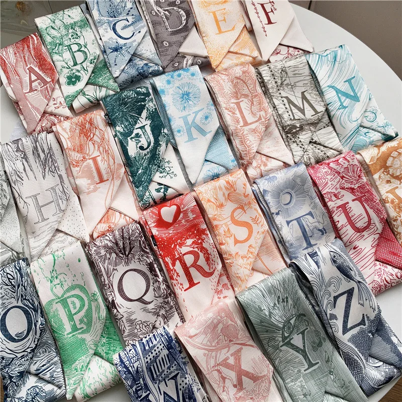 

26 Letters Luxury Scarf Women Hair Scarf Fashion Long Ribbon Hair Accessories Brand Design Women Silk Scarf Turban