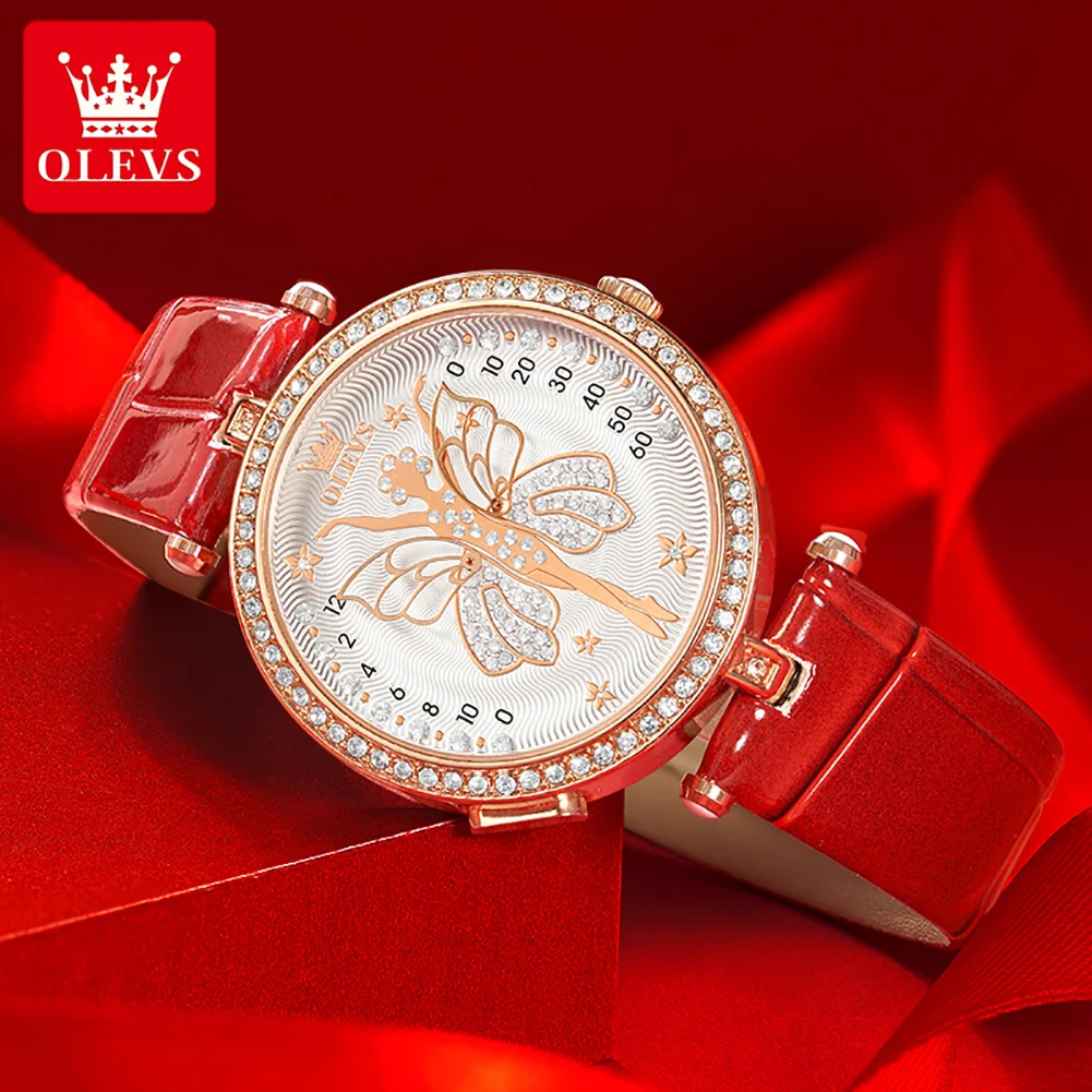 OLEVS New Diamond Dial Angel Wings Design Imported Movement Quartz Watch for Women Luxury Leather Watches Relogio Feminino