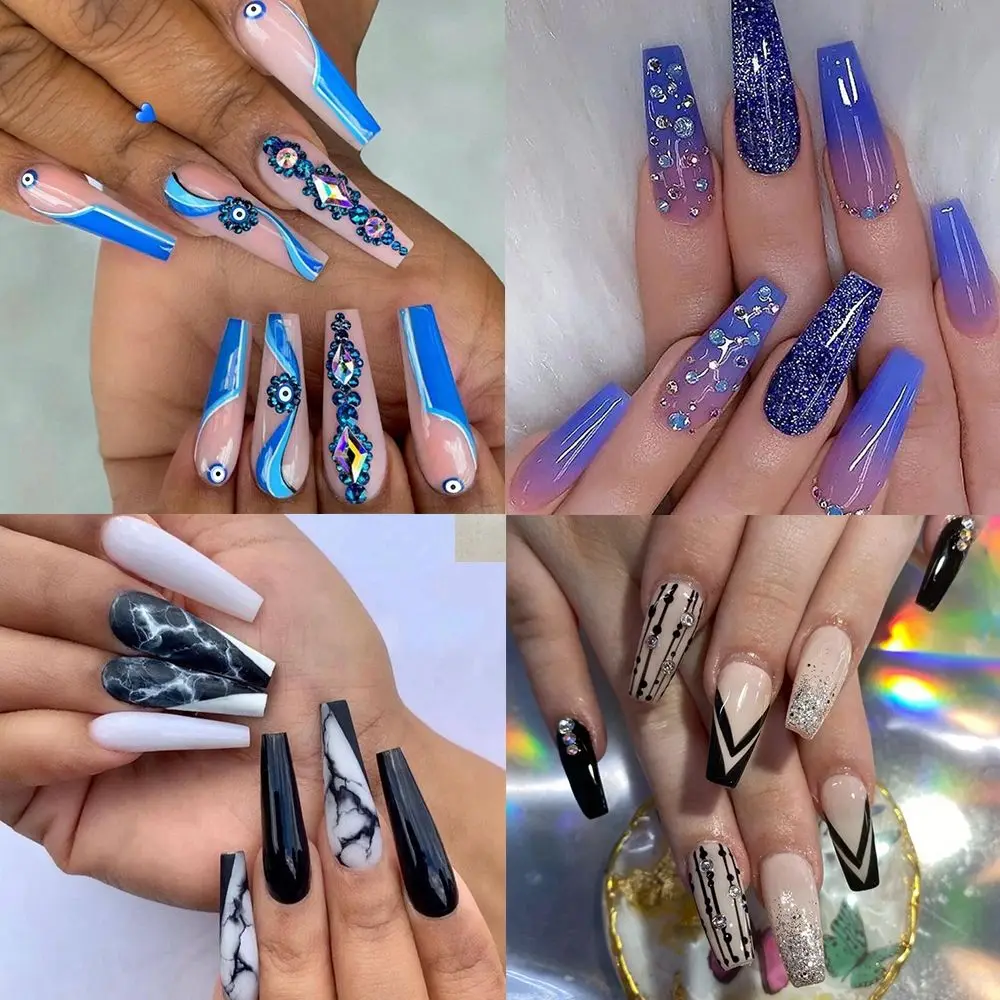 Manicure Tool Detachable Artificial Nail Tips Marble Rhinestone Coffin  False Nails Butterfly French Fake Nails Wearable| | - AliExpress