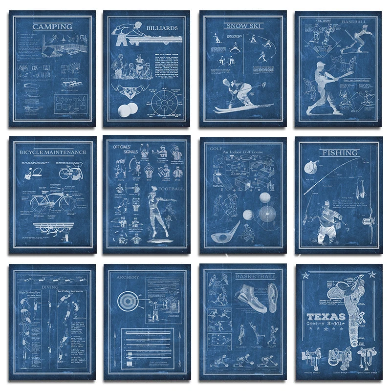 SportBlueprintsPostersBaseballCampingFishingBiliardsCanvas