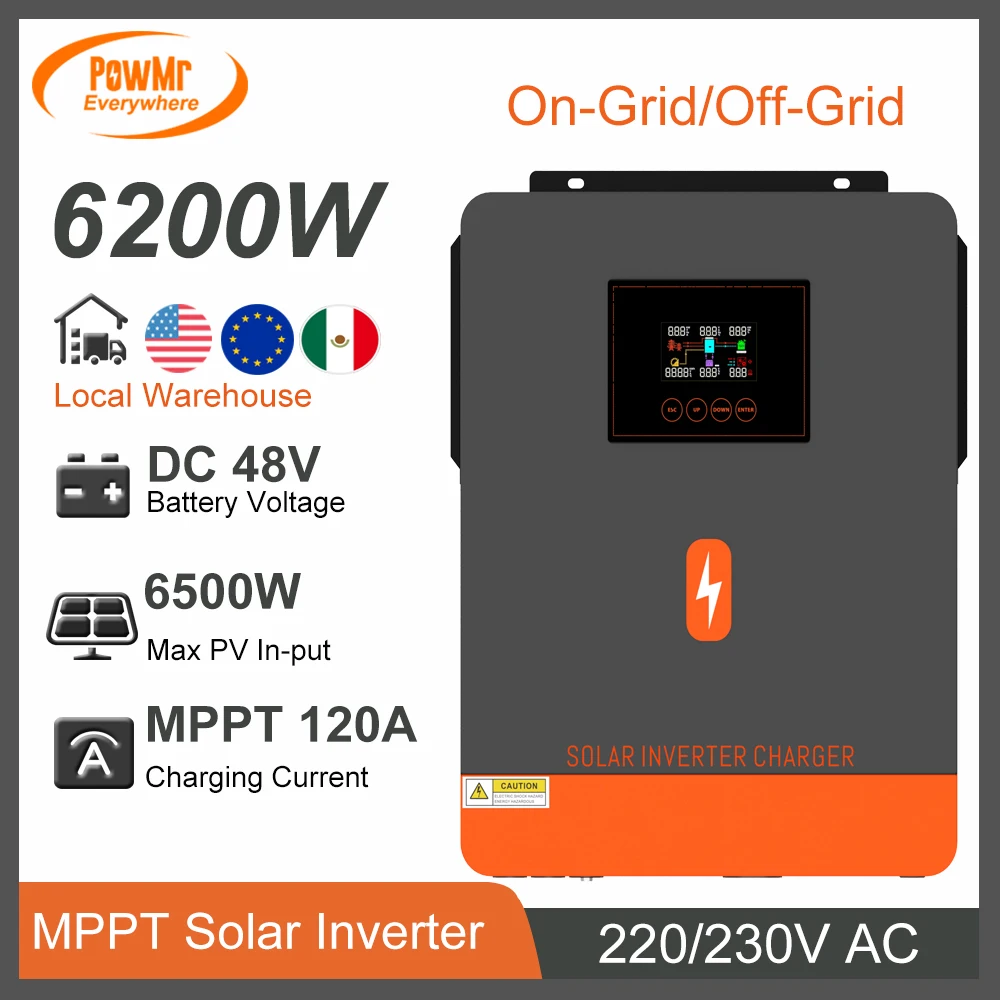 PowMr 6200W On Grid/Off Grid Solar Inverter MPPT 120A Solar Charger Max PV Power 6500W 230V Out-put DC 48V for Battery Charger