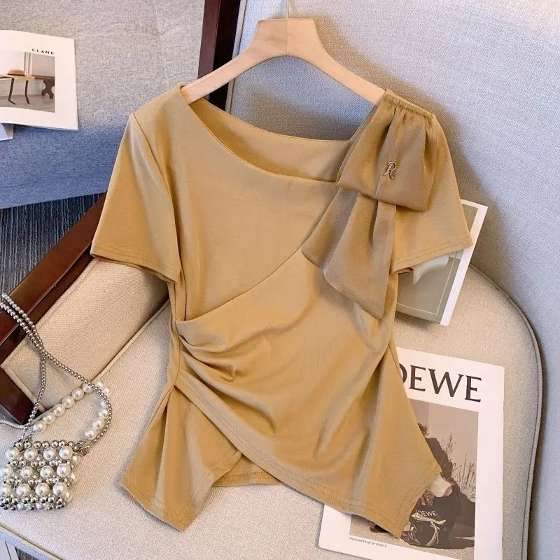 스큐 칼라 스플라이스 스위트 폴드 불규칙 블라우스, 여성 의류, 2024 여름, 루즈 캐주얼 상의, 비대칭 셔츠, 패션 신상