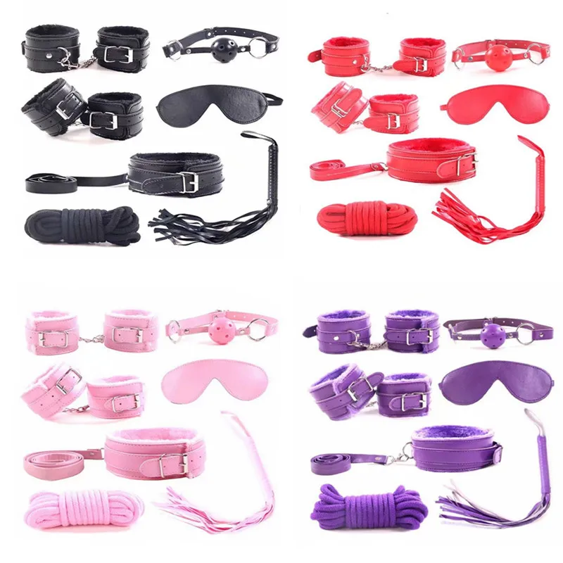 7pcs/Sexy Leather Nylon BDSM Kits Plush Sex Bondage Gear Handcuff Sex Game Whip Gag Adult Exotic Accessories S_voghion.com