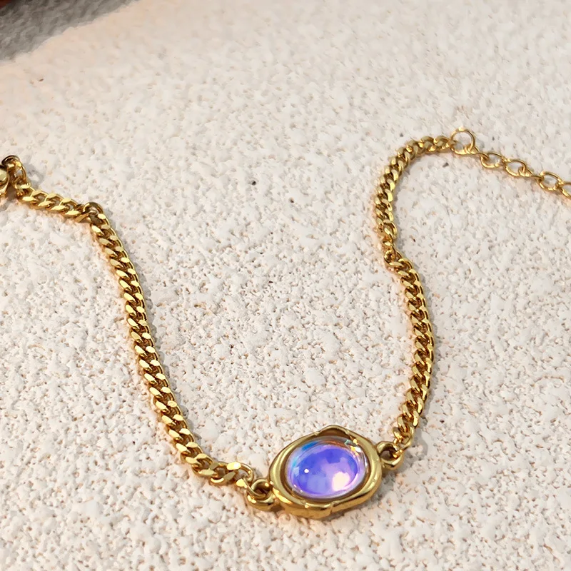 Punk Round Crystal Thick Chain Bracelet Women Green Square CZ Zircon Bangle Bracelets Stainless Steel Waterproof Classic Jewelry